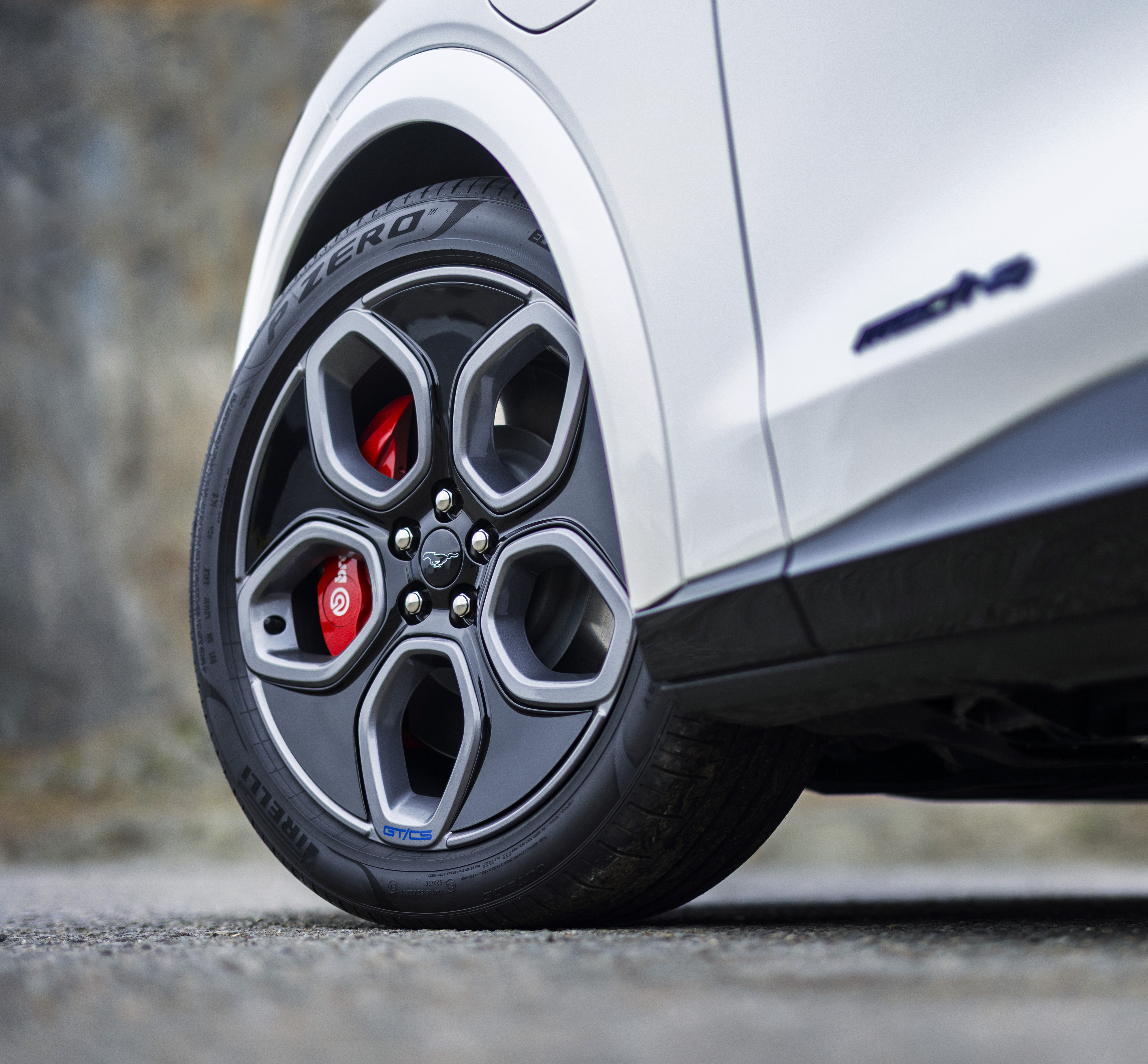 Close-up of a Mustang Mach-E tire shows a blue Mustang logo in the center.